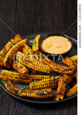 bbq corn ribs on a plate, top view 118110641