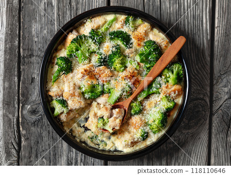 Chicken Divan with broccoli and panko, top view 118110646