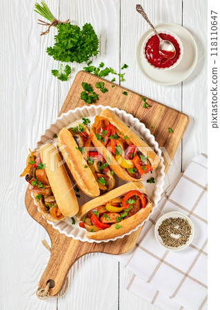 zesty sausage, pepper, mushroom and onion hoagies 118110647