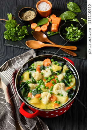 Kesakeitto, Finnish summer vegetable soup in a pot 118110650