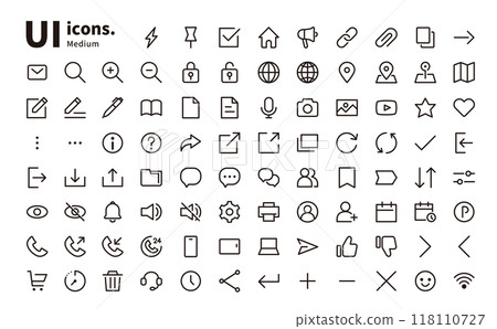 UI icon line: Basic simple set (medium thickness) For smartphone and web design menu icons, etc. UI icon line: Basic simple set (medium thickness) For smartphone and web design menu icons, etc. 118110727