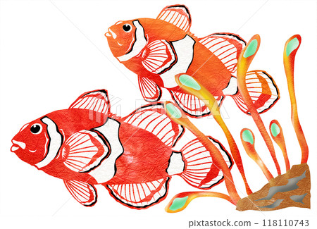Illustration of a pair of clownfish and anemones 118110743