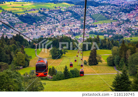Gondolas ascending to Mount Pilatus from the city of Kriens, Switzerland 118110745