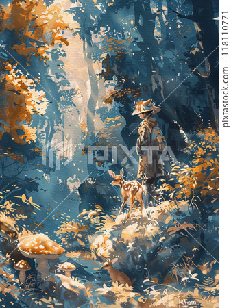 Explorer in a mystical forest with deer under golden light. Vibrant and detailed nature scene. 118110771