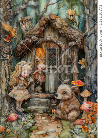 Woodland house with children, a bear cub, and magical creatures. Whimsical fantasy scene. 118110772