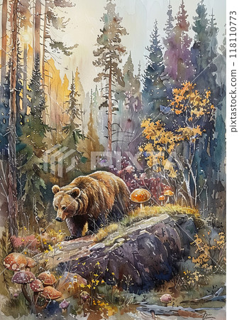 Majestic bear wandering through a vibrant autumn forest. Watercolor painting of nature beauty. 118110773