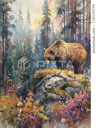 Brown bear exploring a vibrant forest in the golden light of autumn. Watercolor painting of natures wilderness. 118110774