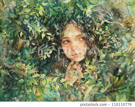 Girl peeking through lush green foliage in a mystical forest. Watercolor painting with a soft, ethereal atmosphere. 118110776
