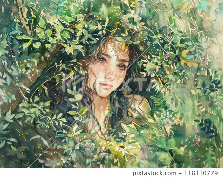 Mysterious woman peeking through dense green foliage in a lush forest. Watercolor painting with a dreamy atmosphere. 118110779
