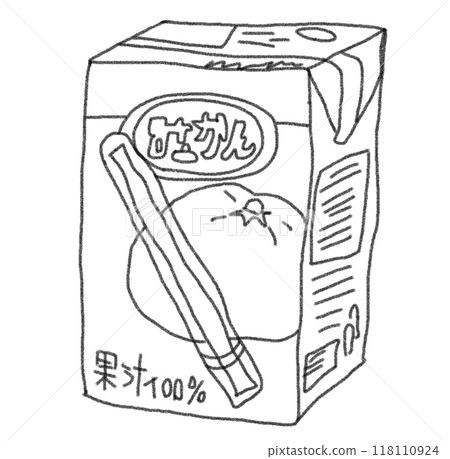Line drawing illustration of a mandarin orange juice pack in pencil style 118110924