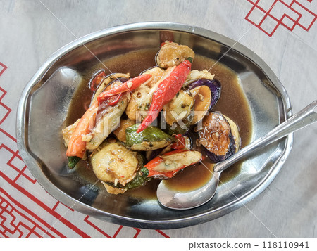 Serving of Hakka Yong Tofu which is stuffed fish paste in vegetables with taucu gravy, popular delicacy in Malaysia 118110941