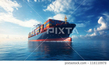 A container ship leaving port in the setting sun 118110978