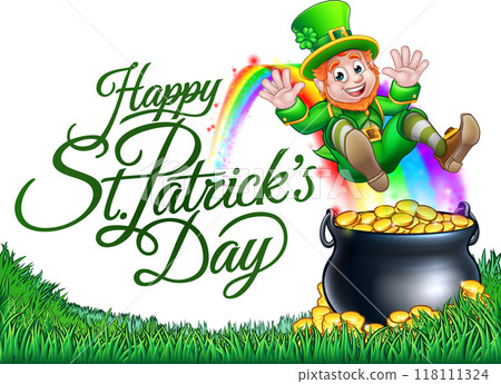 St Patricks Day Leprechaun and Rainbow Pot of Gold 118111324
