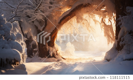 beautiful winter landscape, tree branches in snow covered forest, bright sunlight and beautiful nature 118111515