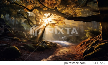 beautiful autumn landscape with fallen leaves in a forest glade at sunset, sunlight and beautiful nature as background 118111552