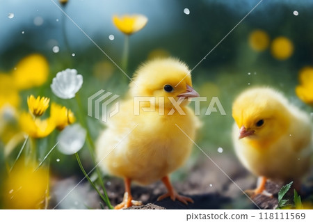 Portrait of small baby chickens on a green grass meadow, bright sunny day, on a ranch in the village, rural surroundings on the background of spring nature 118111569