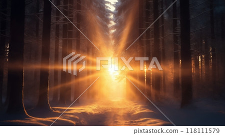 beautiful winter landscape, a trail in a snow covered forest, tree branches with hoarfrost, sunset, bright sunlight and beautiful nature 118111579