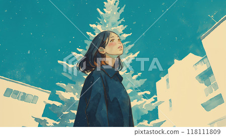 A woman looking up at the snowy sky in front of a tree 118111809