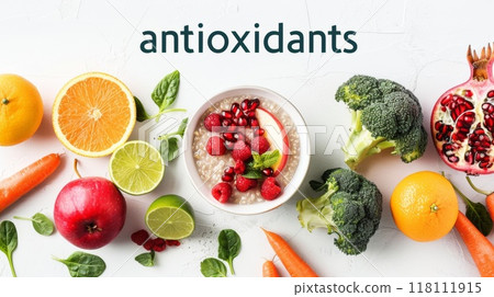 Broccoli, brussel sprouts, strawberry, parsley, currant, orange set isolated on white background with word antioxidants. Immunity booster. Healing food. Flat lay, top view. Design element. Vitamin C 118111915