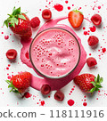 Strawberry milkshake or smoothie in glass with berries nearby, food background, top view, copy space 118111916