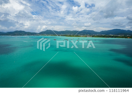 High angle view of Blue sky white clouds over sea with shadow clouds over sea surface nature seascape background High angle view of Blue sky white clouds over sea with shadow clouds over sea surface nature seascape background 118111964