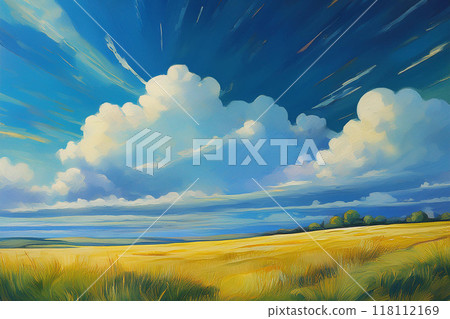 Blue sky, clouds and a wide grassland 118112169