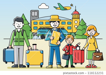 A cheerful family with suitcases goes on a trip to the vacations A cheerful family with suitcases goes on a trip to the vacations 118112231