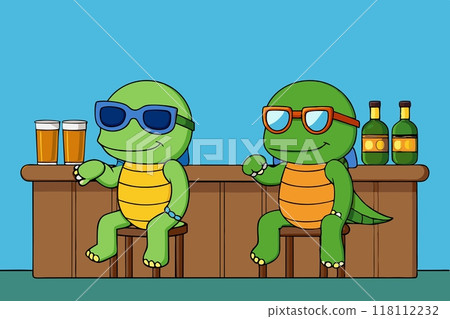 Two cute green turtles rest, relax near counter the bar Two cute green turtles rest, relax near counter the bar 118112232