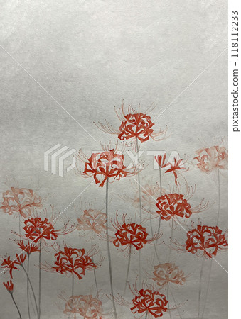 Illustration of red spider lilies painted with watercolors on Japanese paper [hand-drawn] with copy space 118112233