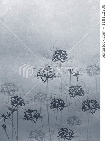 A cool-toned illustration of spider lilies painted with watercolors on Japanese paper [hand-drawn] with copy space 118112239