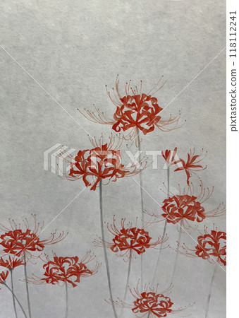 Illustration of red spider lilies painted with watercolors on Japanese paper [hand-drawn] with copy space 118112241
