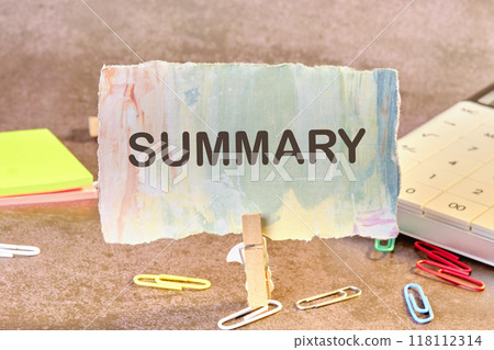 Conceptual summary word symbol. Copy space. Summary word written on a piece of paper in a clothespin 118112314