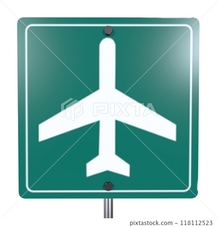 3D rendering of a green airport sign featuring an airplane silhouette 3D rendering of a green airport sign featuring an airplane silhouette 118112523