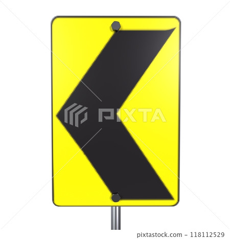 Caution curve ahead road sign in bright yellow, indicating a left turn Caution curve ahead road sign in bright yellow, indicating a left turn 118112529