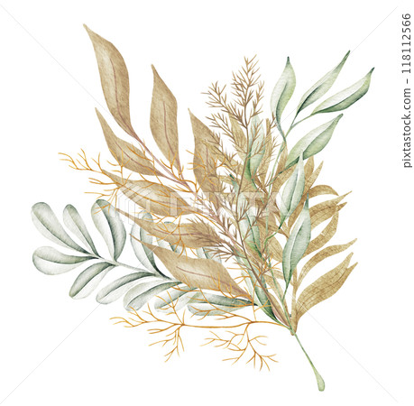 Watercolor floral illustration - green and gold leaf wreath, for wedding stationary, greetings, wallpapers, fashion, background. Eucalyptus, olive, green leaves. 118112566