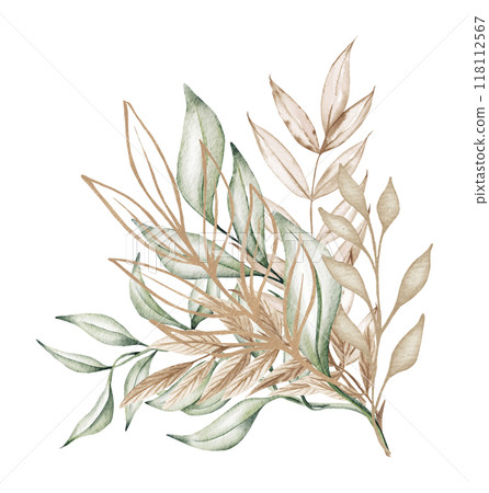 Watercolor floral illustration - green and gold leaf wreath, for wedding stationary, greetings, wallpapers, fashion, background. Eucalyptus, olive, green leaves. 118112567