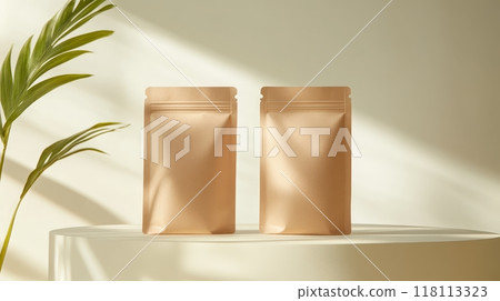 Minimalist Eco Friendly Biodegradable Packaging with Natural Leaf Texture Backdrop for Branding and 118113323