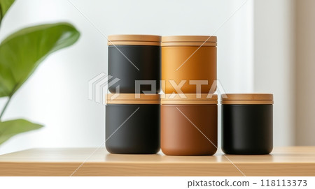 Sustainable and Eco Friendly Food Storage Containers Neatly Stacked in a Zero Waste Kitchen Display Sustainable and Eco Friendly Food Storage Containers Neatly Stacked in a Zero Waste Kitchen Display 118113373