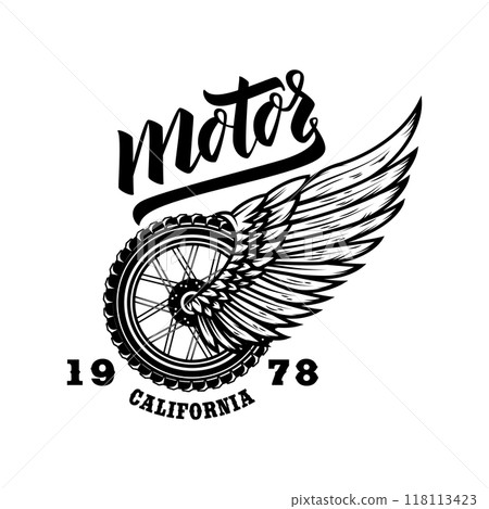 Motor. T shirt print template with winged wheel. Vector illustration 118113423