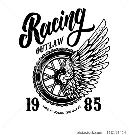Racing. Tshirt print template with winged wheel. Vector illustration 118113424