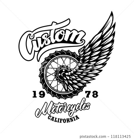 Custom motorcycles.Tshirt print template with winged wheel. Vector illustration Custom motorcycles.Tshirt print template with winged wheel. Vector illustration 118113425