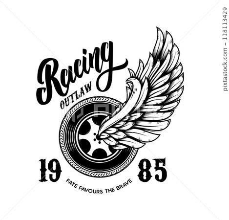 Racing. Tshirt print template with winged wheel. Vector illustration Racing. Tshirt print template with winged wheel. Vector illustration 118113429