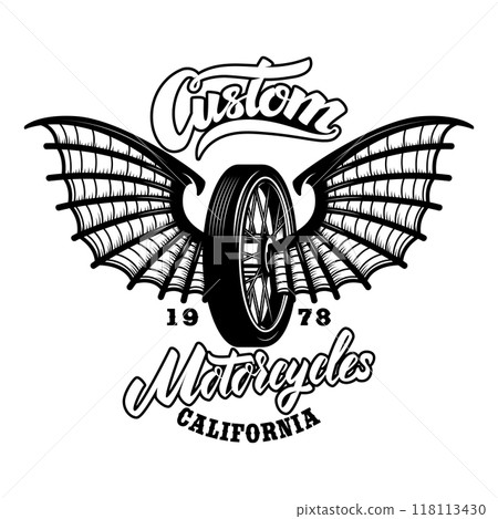 Custom motorcycles.Tshirt print template with winged wheel. Vector illustration 118113430