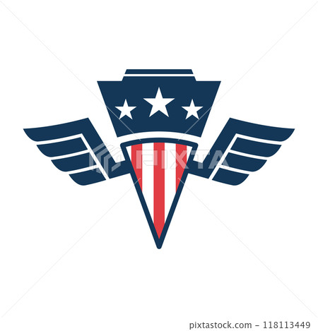 Emblem template with american flag and wings. Design element for emblem, sign, badge, logo. Vector illustration 118113449