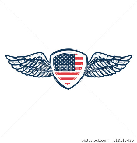 Emblem template with american flag and wings. Design element for emblem, sign, badge, logo. Vector illustration 118113450