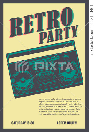 Retro party. Poster template with retro style boombox. Design element for banner, sign, flyer. Vector illustration Retro party. Poster template with retro style boombox. Design element for banner, sign, flyer. Vector illustration 118113461