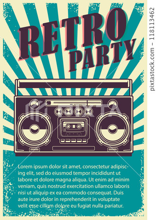 Retro party. Poster template with retro style boombox. Design element for banner, sign, flyer. Vector illustration 118113462