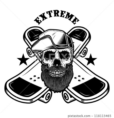 Skateboarder skull with crossed skateboards. Design element for logo, label sign, poster, t shirt. Vector illustration 118113465