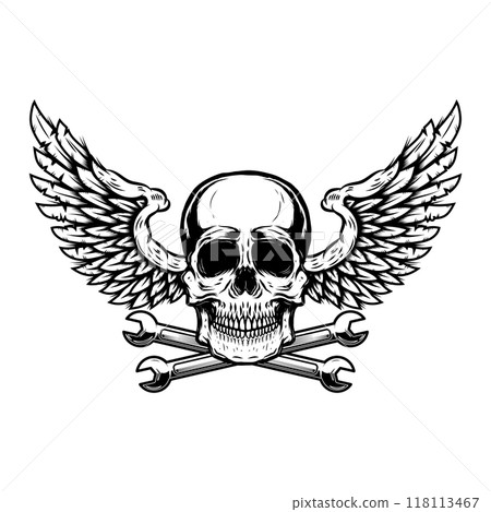 Winged skull with crossed wrenches. Design element for emblem, sign, badge, logo. Vector illustration 118113467
