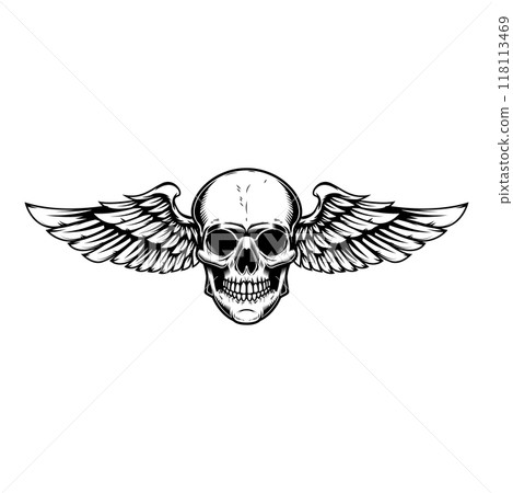 Winged skull . Design element for emblem, sign, badge, logo. Vector illustration 118113469